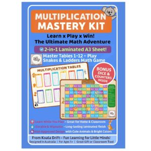 Reversible Multiplication Tables 1–12 & Snakes Ladders Math Game | Write & Wipe Learning Mat by Koala Drift